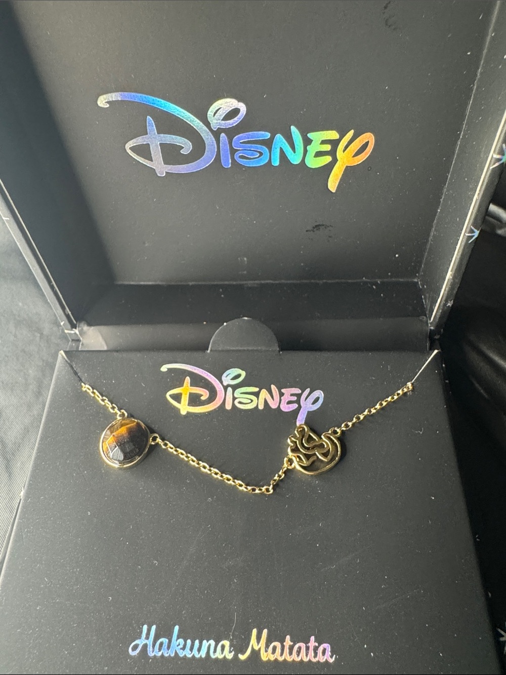 Disney Gold-Tone Necklace with Black Stone and Logo Charm